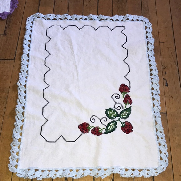 Other - Handmade White Cross-Stitch Table Runner‎ with Red Roses